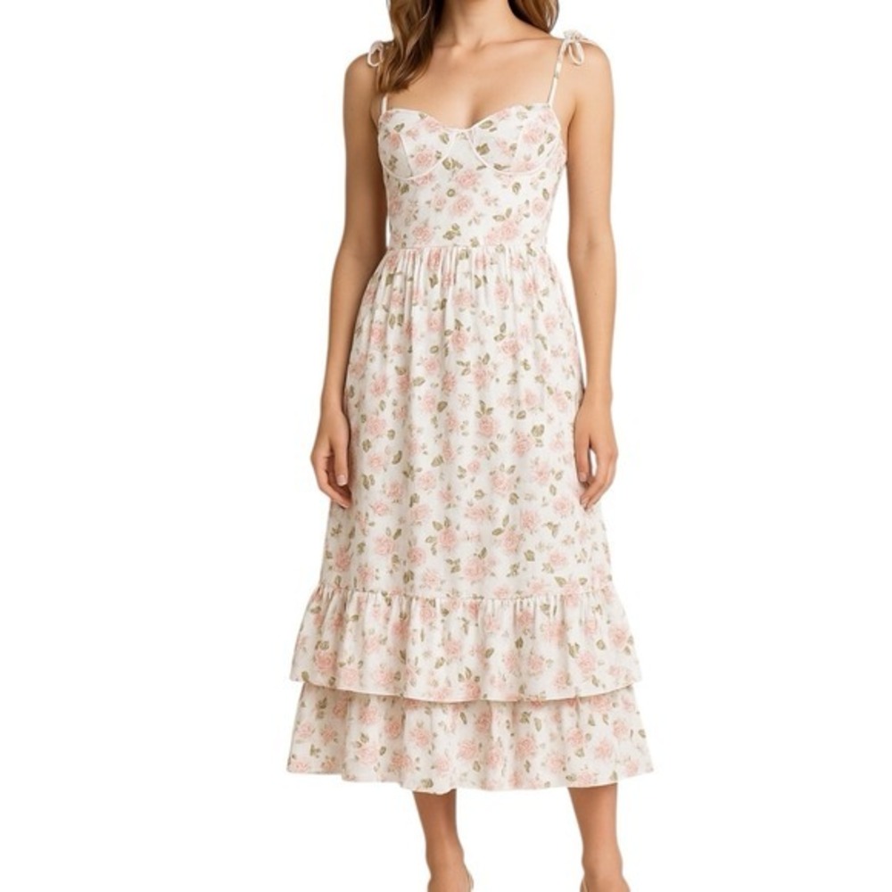 West of Melrose Floral Print Maxi Dress Tiered Ruffle Milkmaid Cottage Sz M‎